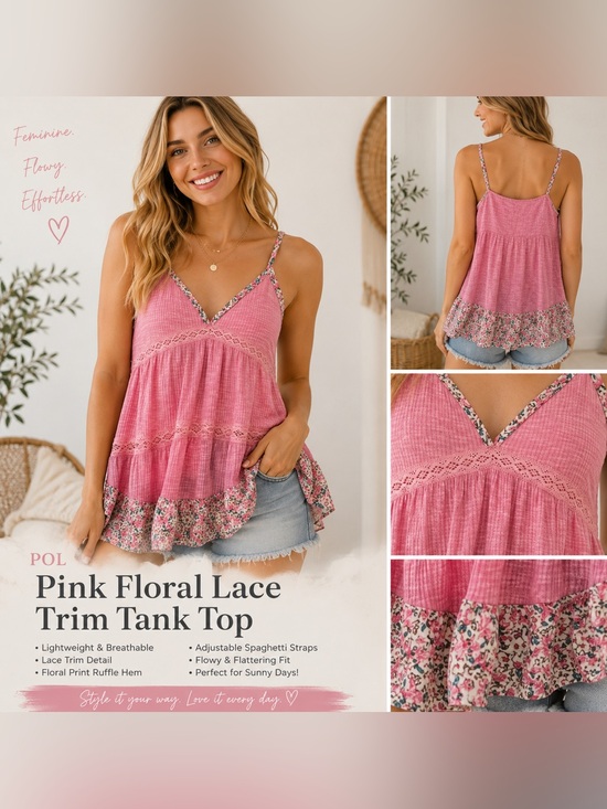 POL Tops - POL Size S Pink Floral Lace Trim Tank Top